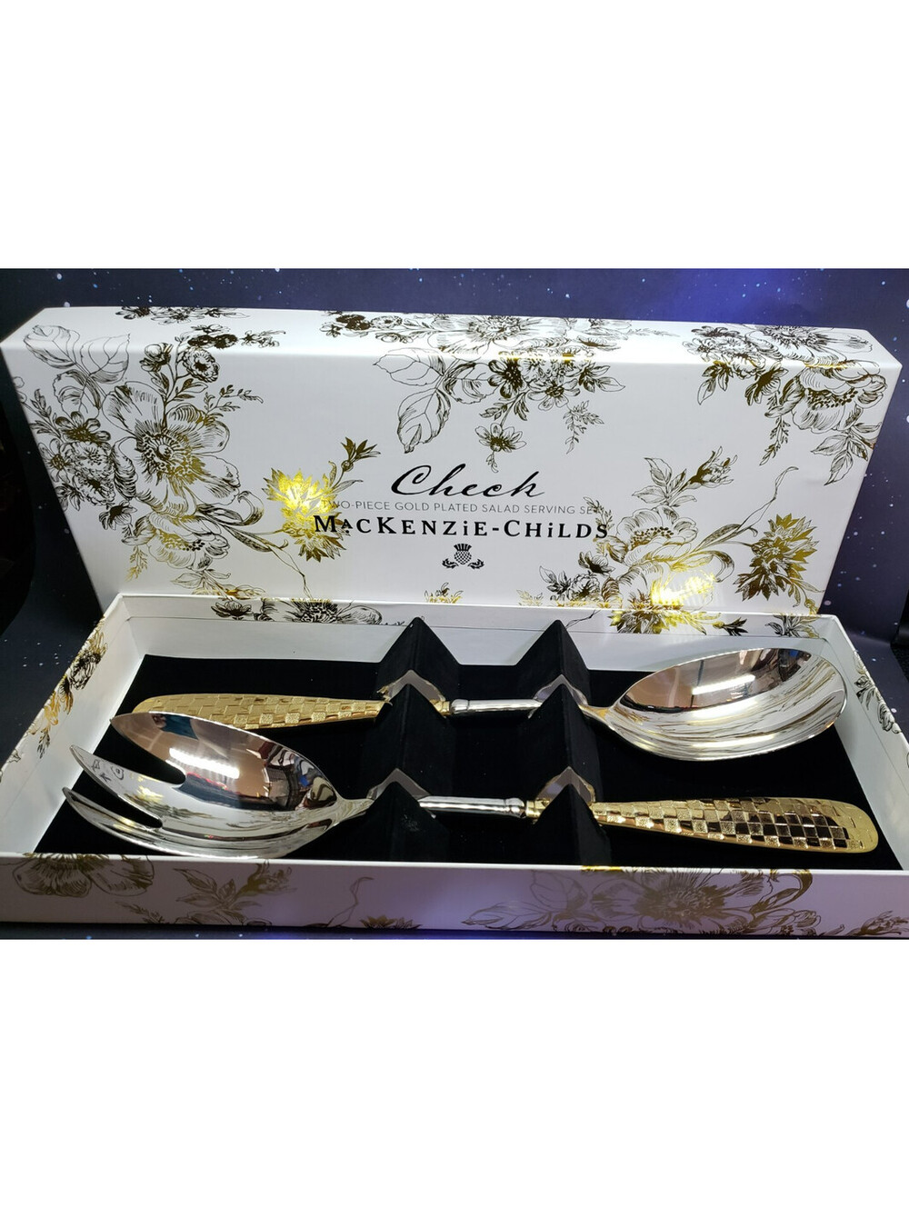 McKenzie Childs Gold Plated Salad Serving Set NEW IN BOX Check Pattern